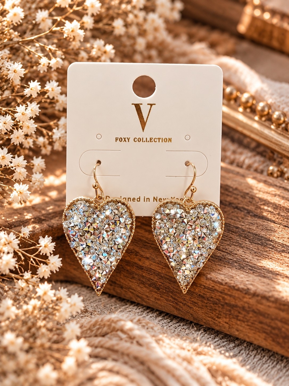 Sparkling Gold Tone Heart Rhinestone Earrings